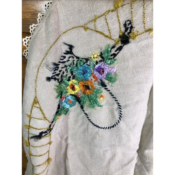 Vintage Table Center Piece Hand-Embroidered Linen Topper Floral Basket Lace Edge - Picture 13 of 14